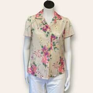 VTG Striped sheer yellow button up with purple floral prints size small